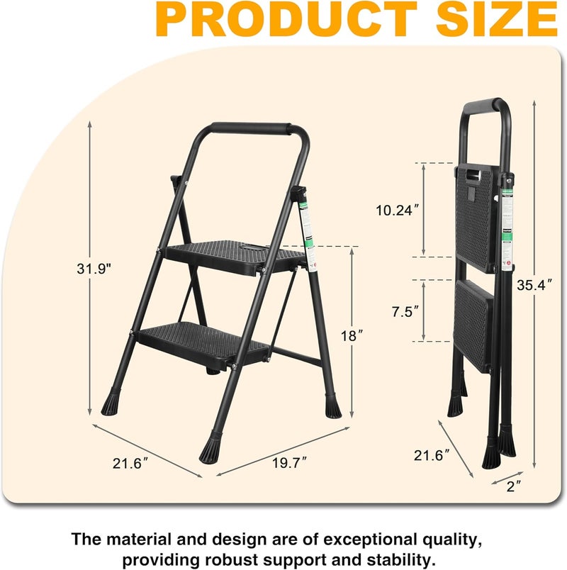 Arbusb 2 Step Ladder, Portable Steel Folding Step Stool with Wide Anti-Slip Pedal & Convenient Handgrip, 500lbs Sturdy Steel Ladder, Black - Image 4